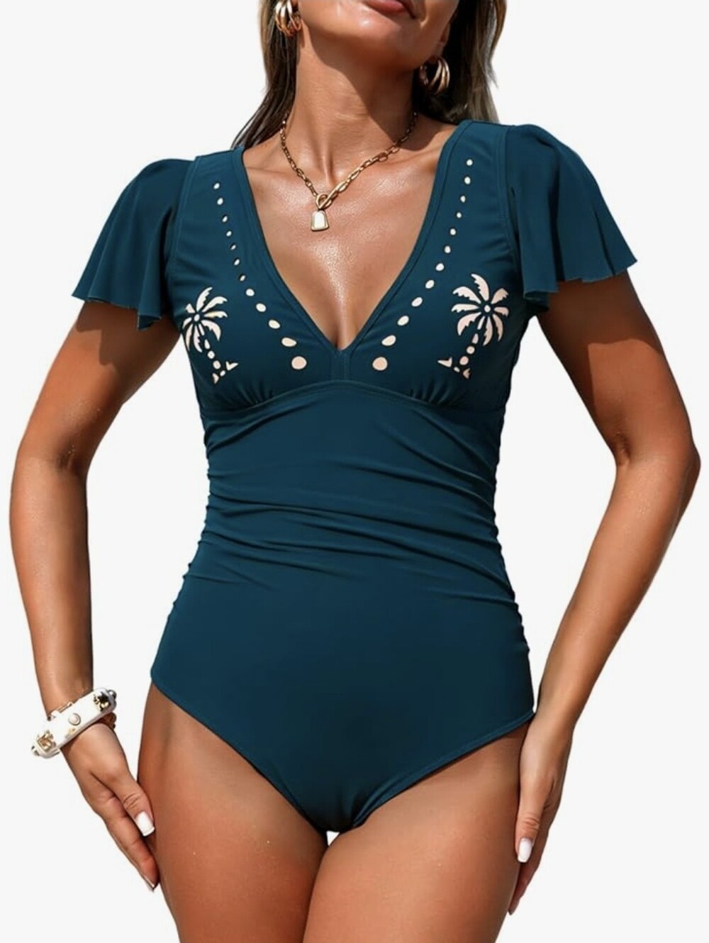 Teal V-Neck One-Piece Swimsuit with Palm Cutouts